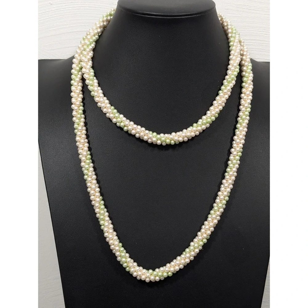 Vintage Green Cream Cluster Woven Faux Pearl Layering Long Necklace‎ 42 in